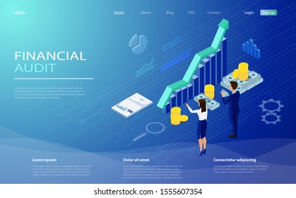 Financial statement, analysis and statistic online servises, money cash accounting isometric vector. Financial management concept. Auditing, business analysis concept with characters.