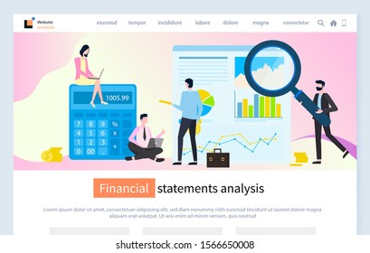 Financial statement analysis vector, people in office with magnifying glass calculator for statistics, business solution calculating data charts. Website or webpage template, landing page flat style