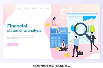 Financial statement analysis vector, statistical graphics and calculations. Web page and magnifier, diagram and chart, businessman and businesswoman. Website template landing page in flat