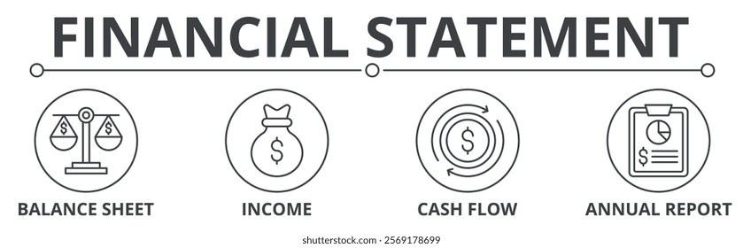 Financial statement with balance sheet, income, cash flow, annual report, icon concept illustration