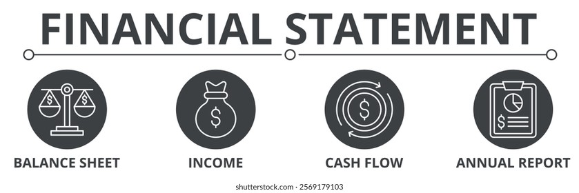 Financial statement with balance sheet, income, cash flow, annual report, icon concept illustration