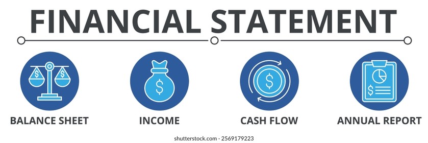 Financial statement with balance sheet, income, cash flow, annual report, icon concept illustration