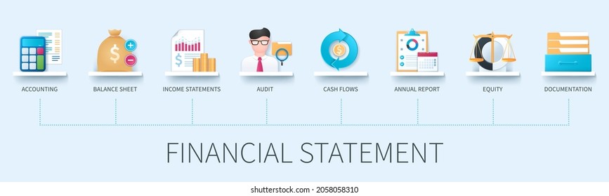 Financial Statement Banner With Icons. Accounting, Balance Sheet, Income Statements, Audit, Cash Flow, Annual Report, Equity, Documentation Icons. Business Concept. Web Vector Infographic In 3D Style