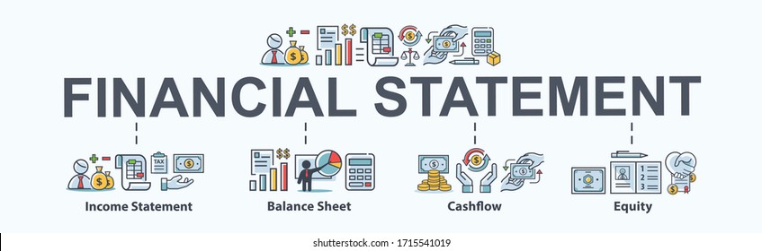 Financial Statement Banner Web Icon For Business Organization, Profit, Loss, Income Statement, Balance Sheet, Cash Flow And Equity. Minimal Vector Cartoon Infographic.