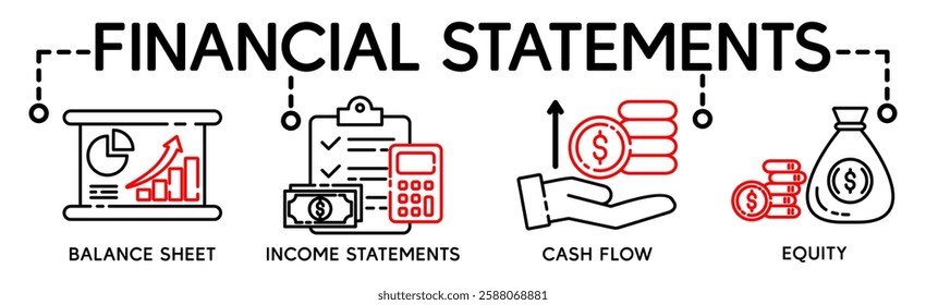 Financial statement banner web icon for business organization, profit, loss, income statement, balance sheet, cash flow and equity. Minimal vector cartoon infographic.