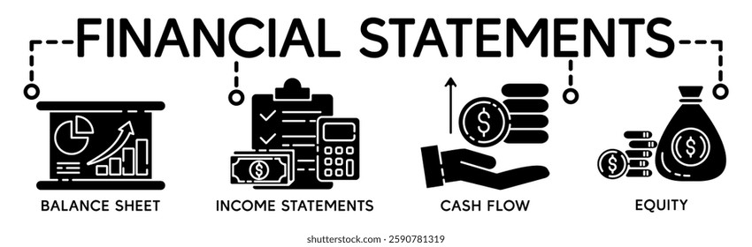 Financial statement banner web icon for business organization, profit, loss, income statement, balance sheet, cash flow and equity. Minimal vector cartoon infographic.