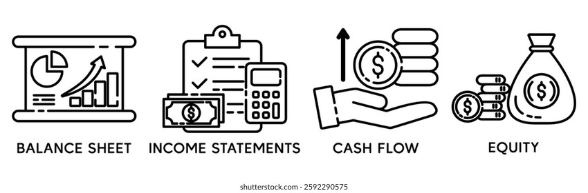 Financial statement banner web icon for business organization, profit, loss, income statement, balance sheet, cash flow and equity. Minimal vector cartoon infographic.