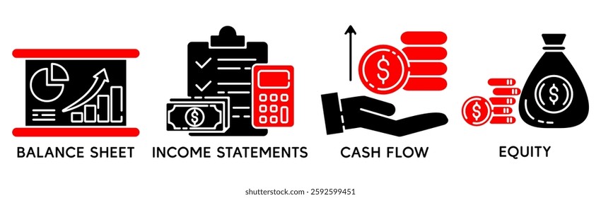 Financial statement banner web icon for business organization, profit, loss, income statement, balance sheet, cash flow and equity. Minimal vector cartoon infographic.