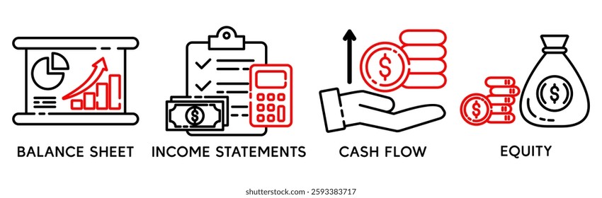 Financial statement banner web icon for business organization, profit, loss, income statement, balance sheet, cash flow and equity. Minimal vector cartoon infographic.