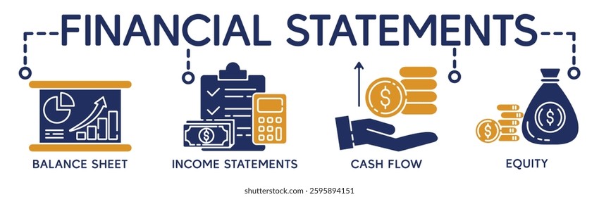 Financial statement banner web icon for business organization, profit, loss, income statement, balance sheet, cash flow and equity. Minimal vector cartoon infographic.