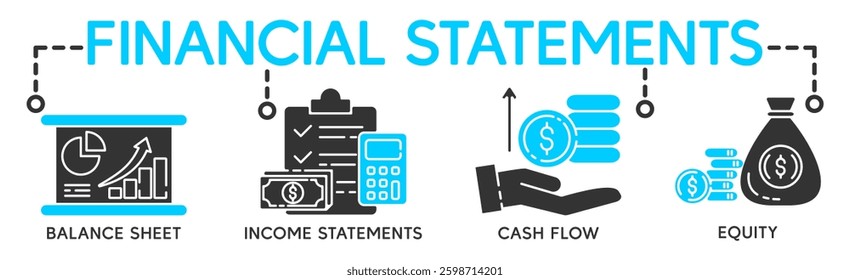 Financial statement banner web icon for business organization, profit, loss, income statement, balance sheet, cash flow and equity. Minimal vector cartoon infographic.