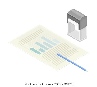 Financial Statement and Business Report Preparation with Document and Date Stamp as Accounting and Summary Isometric Vector Composition