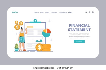 Financial Statement concept. Confident woman presents data alongside floating coins, a pie chart, and a growth curve. Showcasing profit analysis and fiscal reports. Flat vector illustration