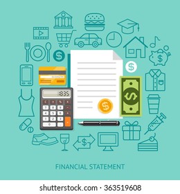 Financial Statement Conceptual Flat Style. Vector Illustration. Can Be Used For Workflow Layout Template, Banner, Diagram, Number Options, Web Design, Infographics, Timeline.