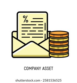 A financial statement in an email envelope next to a stack of coins represents company assets Ideal for financial reports and business presentations