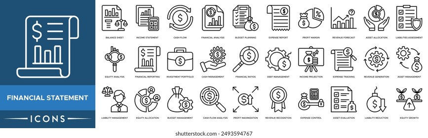 Financial Statement icon. Balance Sheet, Income Statement, Cash Flow, Financial Analysis, Budget Planning, Expense Report, Profit Margin, Revenue Forecast and Asset Allocation,