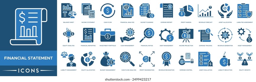 Financial Statement icon. Balance Sheet, Income Statement, Cash Flow, Financial Analysis, Budget Planning, Expense Report, Profit Margin, Revenue Forecast and Asset Allocation