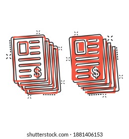 Financial statement icon in comic style. Document cartoon vector illustration on white isolated background. Report splash effect business concept.