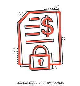 Financial statement icon in comic style. Document with lock cartoon vector illustration on white isolated background. Report splash effect business concept.