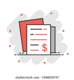 Financial statement icon in comic style. Document cartoon vector illustration on white isolated background. Report splash effect business concept.