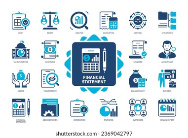 Symbol für den Finanzbogen festgelegt. Rechnungslegung, Eigenkapital, Transparenz, Audit, Steuerbehörden, Jahresbericht, Kunden, Dokumentation. Duotone-Farbsymbole
