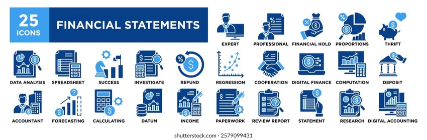 Financial Statement Icon Set For Design Elements, business, finance, accounting, analysis, calculator	