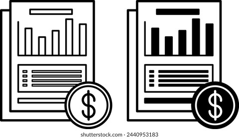 Financial Statement Icons. Black and White Vector Icons. Financial Documents with Chart and Dollar Sign. Business and Finance. Accounting Concept