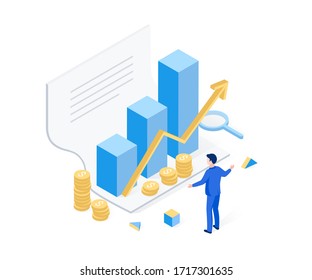 Financial statement isometric concept. Successful investment, profit, business success. The man is happy to receive a report. Trendy flat 3d isometric style. Vector illustration.