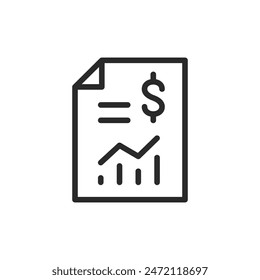 Financial statement, linear style icon. Document with dollar sign and charts. Editable stroke width