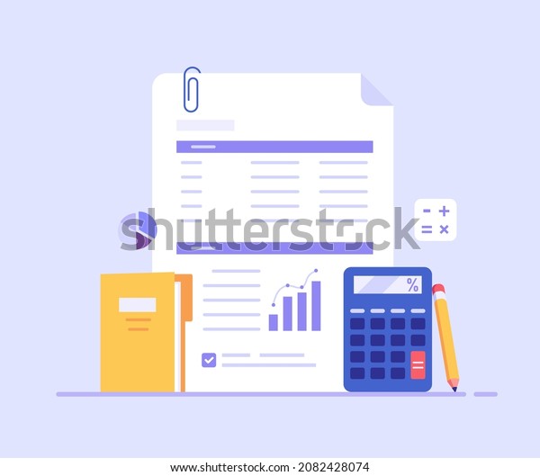 Financial\
statement, preparation of reports. Concept of financial report,\
digital accounting, audit and financial research, accounting\
report. Vector illustration in flat\
design