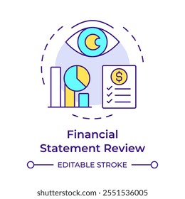 Financial statement review multi color concept icon. Accounting monitoring, control. Round shape line illustration. Abstract idea. Graphic design. Easy to use in infographic, presentation