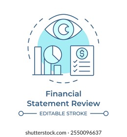 Ícone de conceito azul flexível de revisão do demonstrativo financeiro. Monitoramento de contabilidade, controle. Ilustração de linha de forma redonda. Ideia abstrata. Design gráfico. Fácil de usar em infográfico, apresentação