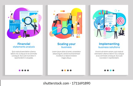 Financial statement vector, people with magnifying glasses looking for solution for business. Calculator and infocharts with growing arrowheads. Website or slider app, landing page flat style