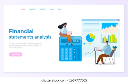 Financial statements analysis and accounting with calculator online. People communicating with computer and finance graph report. Website or webpage template, landing page flat design style vector