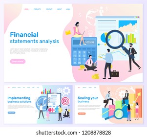 Financial statements analysis, implementing business solutions vector. Business banners, scaling your business with charts accounting and teamwork