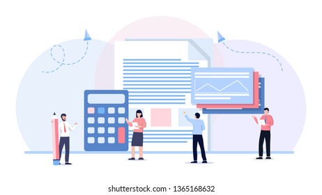 Financial statements analysis, implementing business solutions vector. Accounting vector illustration. Flat tiny math calculation persons concept. Company finance and tax calculation.
