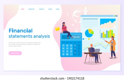 Financial statements analysis landing page template. Accounting finance, counting profit and calculation money concept. Women specialists financiers analyze data, presentation with charts, calculator