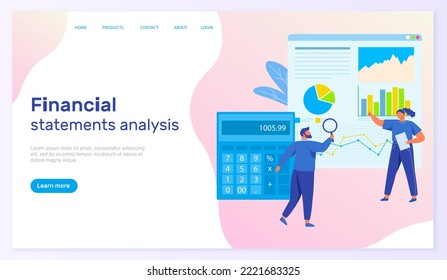 Financial statements analysis landing page template. Calculations of income and expenses. Working process analyst team checks performance in financial report. Consulting on company's activities