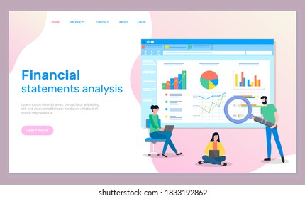 Financial statements analysis. Man with magnifying glass searching, analysing statistics, graphics, diagrams, charts. Women workers using laptops making financial analytics. Website page business site