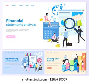 Financial statements analysis and solution vector. Implementing solutions and scaling business, people with magnifying glass and calculator, finance planning. Website template, landing page flat style