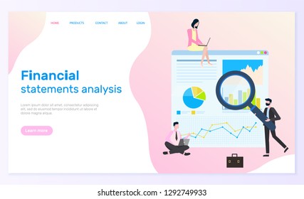 Financial statements analysis website text vector. Business worker with magnifying glass researching charts and graphics on screen, infographics data. Webpage template landing page in flat