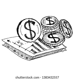 financial statements and bank, doodle vector