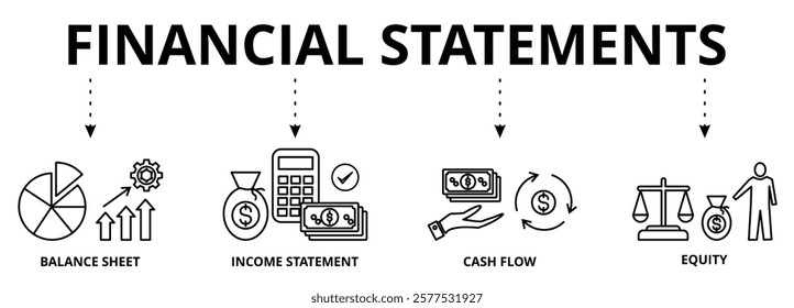 Financial statements banner icon vector illustration concept with icon of graph, balance sheet, pie chart, income statements, money, calculator, income, earning, cash flow equity and balance