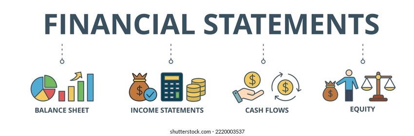 Financial statements banner web icon vector illustration concept with icon of graph, balance sheet, pie chart, income statements, money, calculator, income, earning, cash flow, equity, and balance