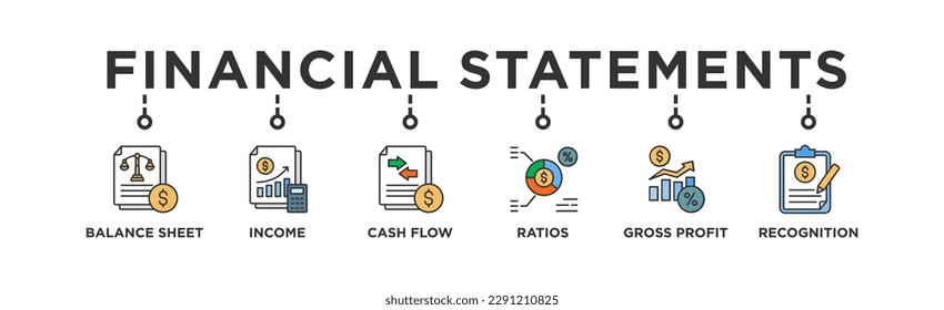 Financial statements banner web icon vector illustration concept with icon of graph, Income Statement, balance sheet, cash flow statement, financial ratios, gross profit, revenue recognition