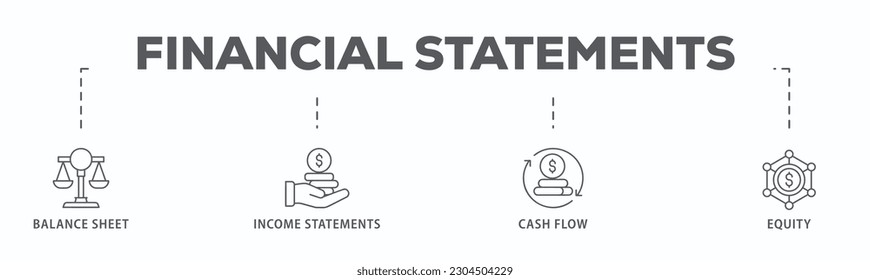 Financial statements banner web icon vector illustration concept with icon of graph, balance sheet, pie chart, income statements, money, calculator, income, earning, cash flow, equity, and balance
