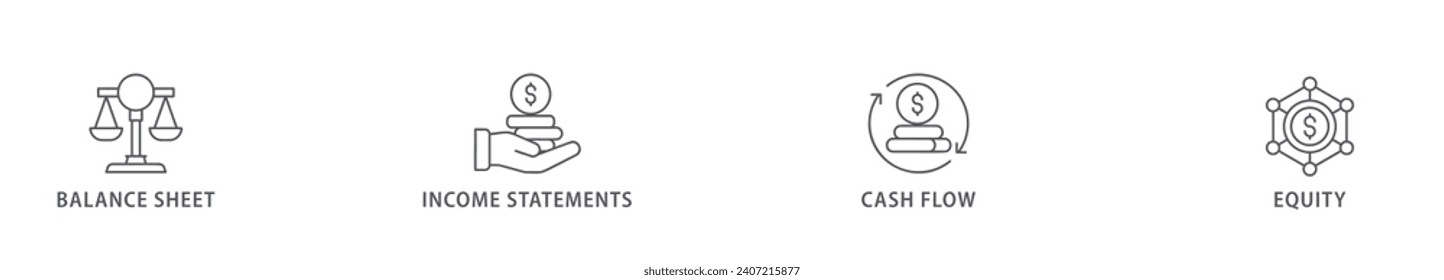 Financial statements banner web icon vector illustration concept with icon of graph, balance sheet, pie chart, income statements, money, calculator, income, earning, cash flow, equity, and balance