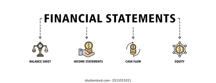 Financial statements banner web icon set vector illustration concept with icon of graph, balance sheet, pie chart, income statements, money, calculator, income, earning, cash flow, equity, and balance