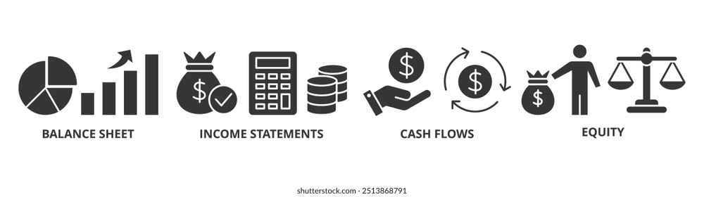 Demonstrações financeiras ícone web do vetor ilustração conceito com ícone de gráfico, balanço patrimonial, gráfico circular, demonstrativos de resultados, dinheiro, calculadora, renda, ganhos, fluxo de caixa, patrimônio líquido e saldo