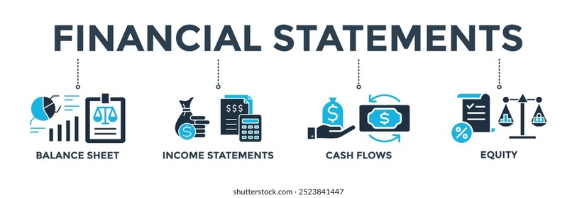 Jahresabschlüsse Banner Web-Symbol Vektorgrafik Konzept mit Symbol der Grafik, Bilanz, Tortendiagramm, Gewinn-und Verlustrechnung, Geld, Rechner, Einkommen, Verdienst, Cashflow, Eigenkapital, und Bilanz 
